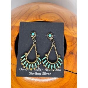 Genuine Indian Handmade Sterling Silver Turquoise Dangle Earrings Southwestern